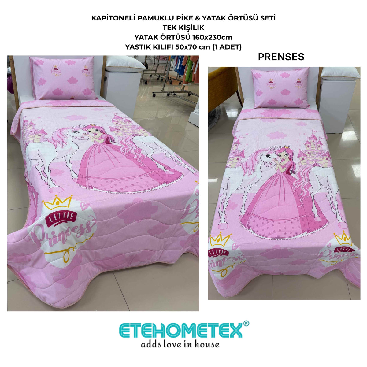 ETEHOMETEX Pamuklu Kapitoneli Yatak Örtüsü Seti TEK KİŞİLİK PRENSES PEMBE 8696474232102