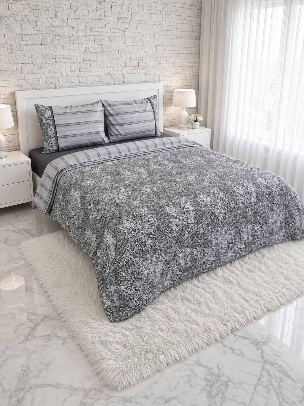 ETEHOMETEX %100 Pamuk Nevresim Takımı ÇİFT KİŞİLİK DAMASK GRİ 8696474232116
