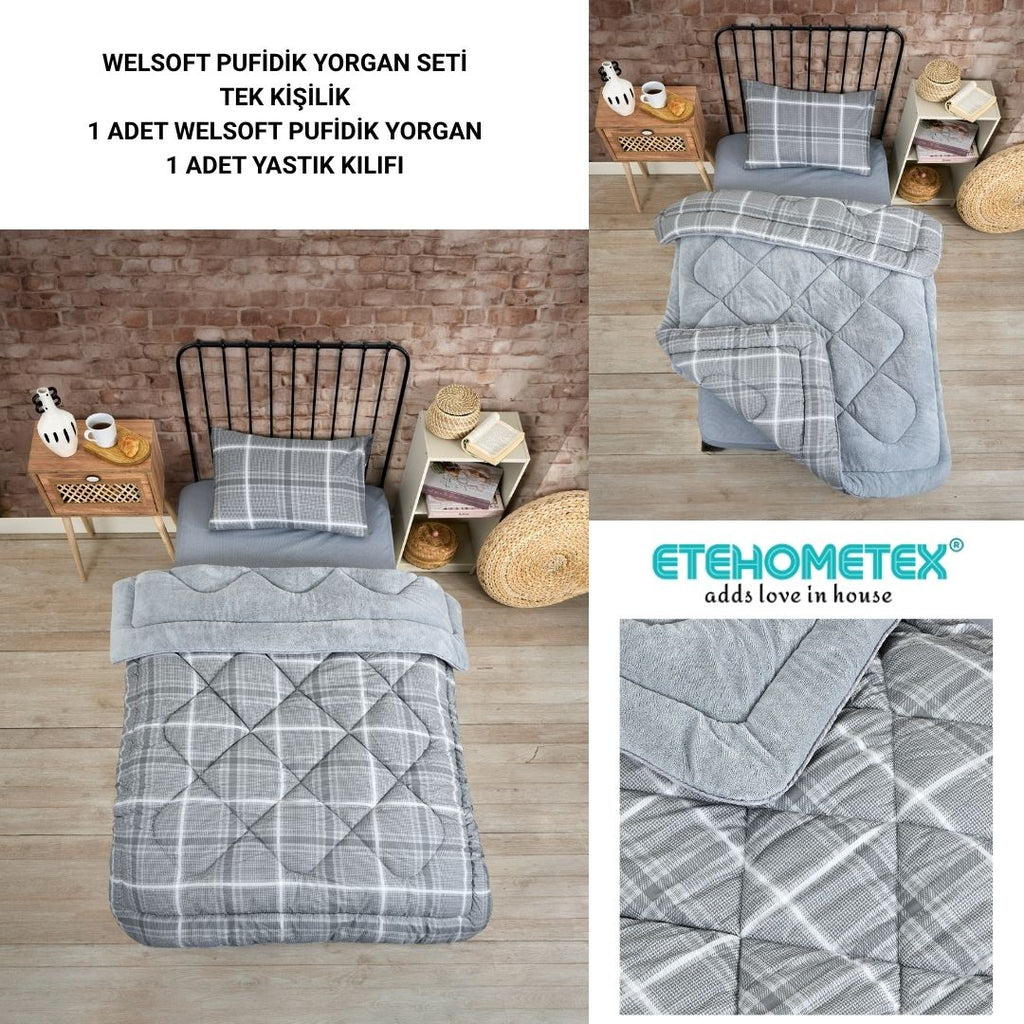 ETE HOMETEX TEK KİŞİLİK LÜX WELSOFT YORGAN SETİ SAFİR GRİ 155X215CM 8696474231850