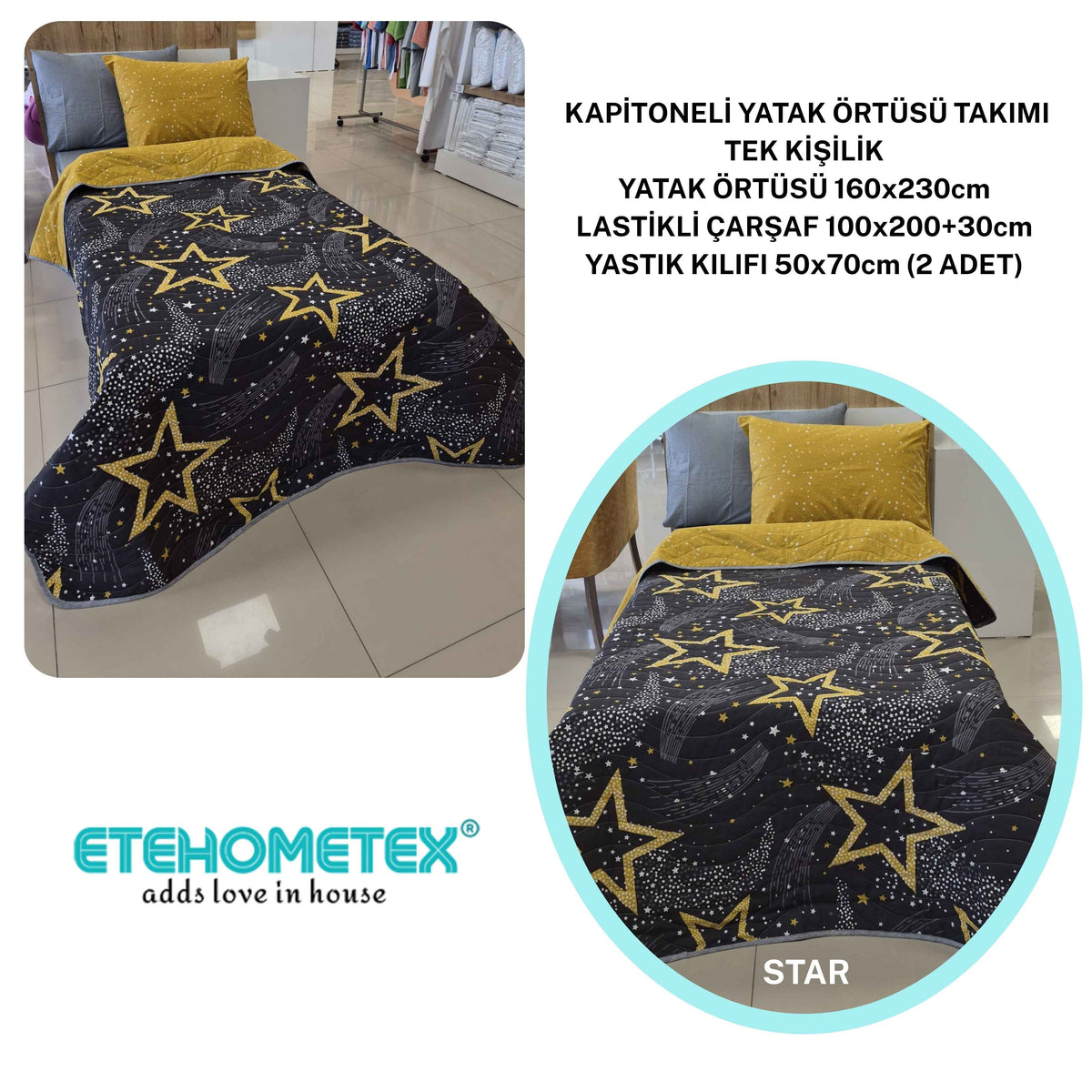 ETEHOMETEX Pamuklu Kapitoneli Yatak Örtüsü TAKIMI TEK KİŞİLİK STAR 8696474232120