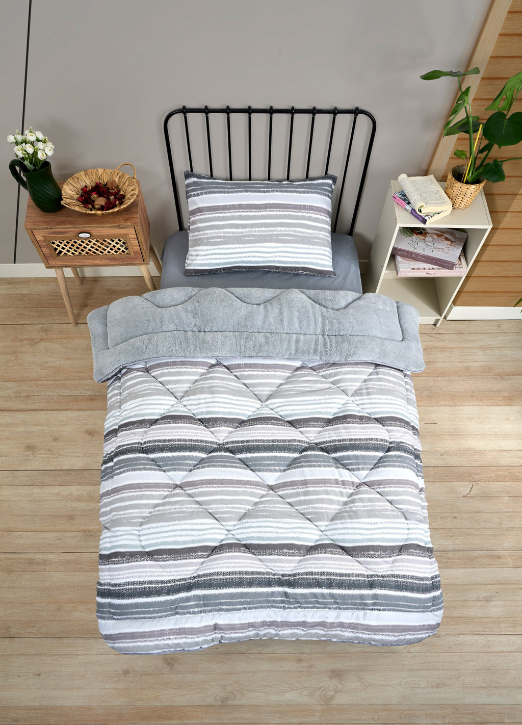 ETE HOMETEX TEK KİŞİLİK LÜX WELSOFT YORGAN SETİ TASEL GRİ 155X215CM 8696474231936