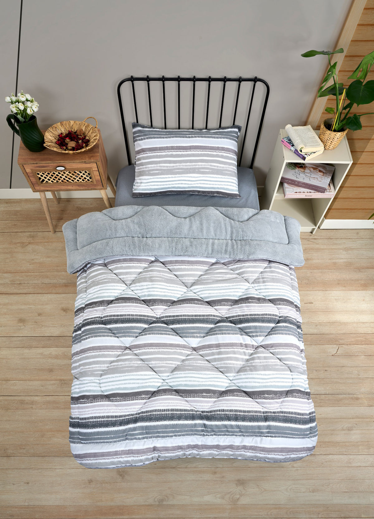 ETE HOMETEX TEK KİŞİLİK LÜX WELSOFT YORGAN SETİ TASEL GRİ 155X215CM 8696474231936