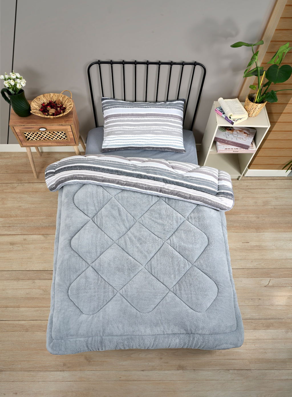 ETE HOMETEX TEK KİŞİLİK LÜX WELSOFT YORGAN SETİ TASEL GRİ 155X215CM 8696474231936