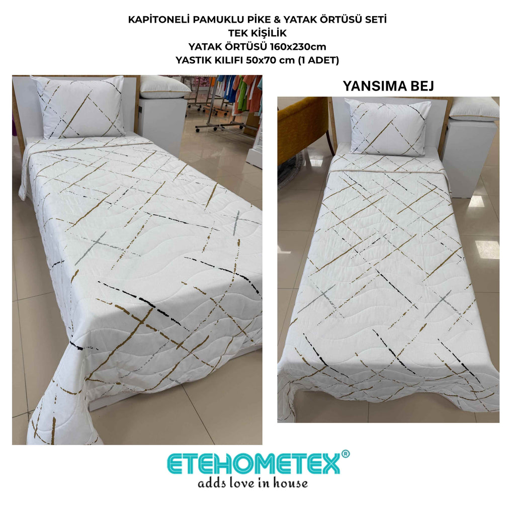 ETEHOMETEX Pamuklu Kapitoneli Yatak Örtüsü Seti TEK KİŞİLİK YANSIMA BEJ 8696474232106