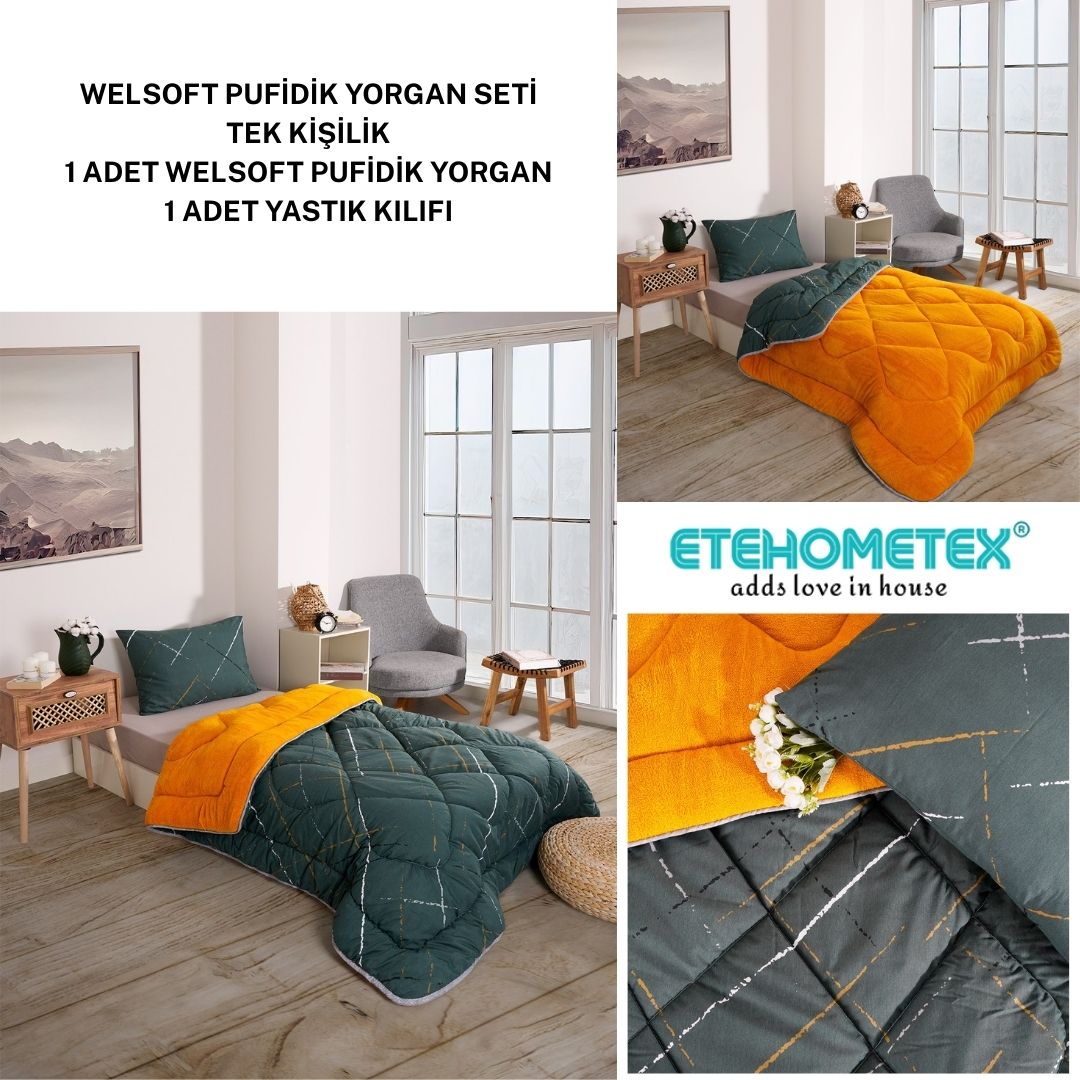 ETE HOMETEX TEK KİŞİLİK LÜX WELSOFT YORGAN SETİ YANSIMA HARDAL 155X215CM 8696474231957