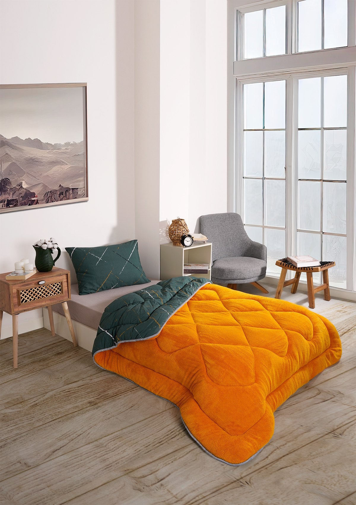 ETE HOMETEX TEK KİŞİLİK LÜX WELSOFT YORGAN SETİ YANSIMA HARDAL 155X215CM 8696474231957