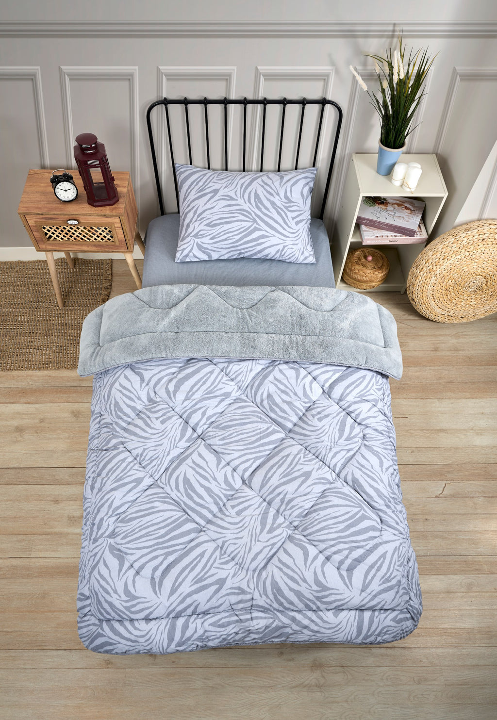 ETE HOMETEX TEK KİŞİLİK LÜX WELSOFT YORGAN SETİ ZEBRA GRİ 155X215CM 8696474231935