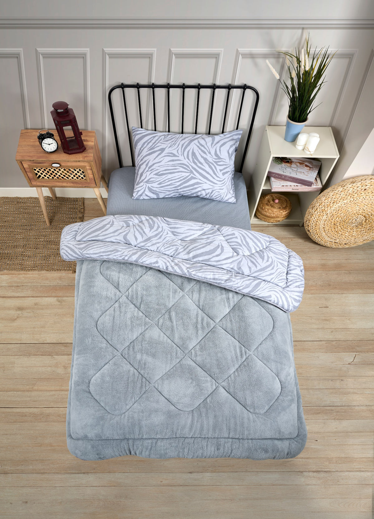 ETE HOMETEX TEK KİŞİLİK LÜX WELSOFT YORGAN SETİ ZEBRA GRİ 155X215CM 8696474231935