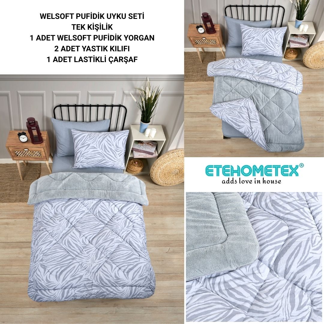 ETE HOMETEX TEK KİŞİLİK WELSOFT UYKU SETİ ZEBRA GRİ 8696474232026