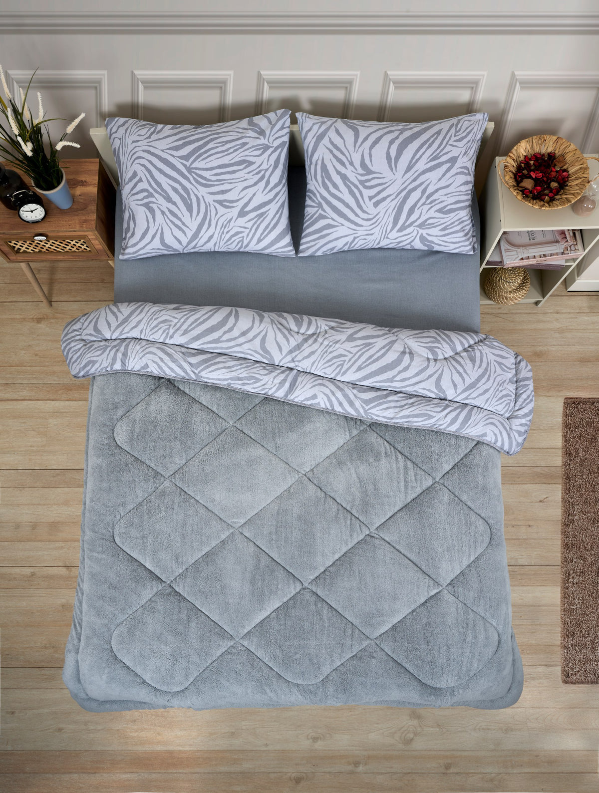 ETE HOMETEX ÇİFT KİŞİLİK LÜX WELSOFT YORGAN SETİ 195X215CM ZEBRA GRİ 8696474231950