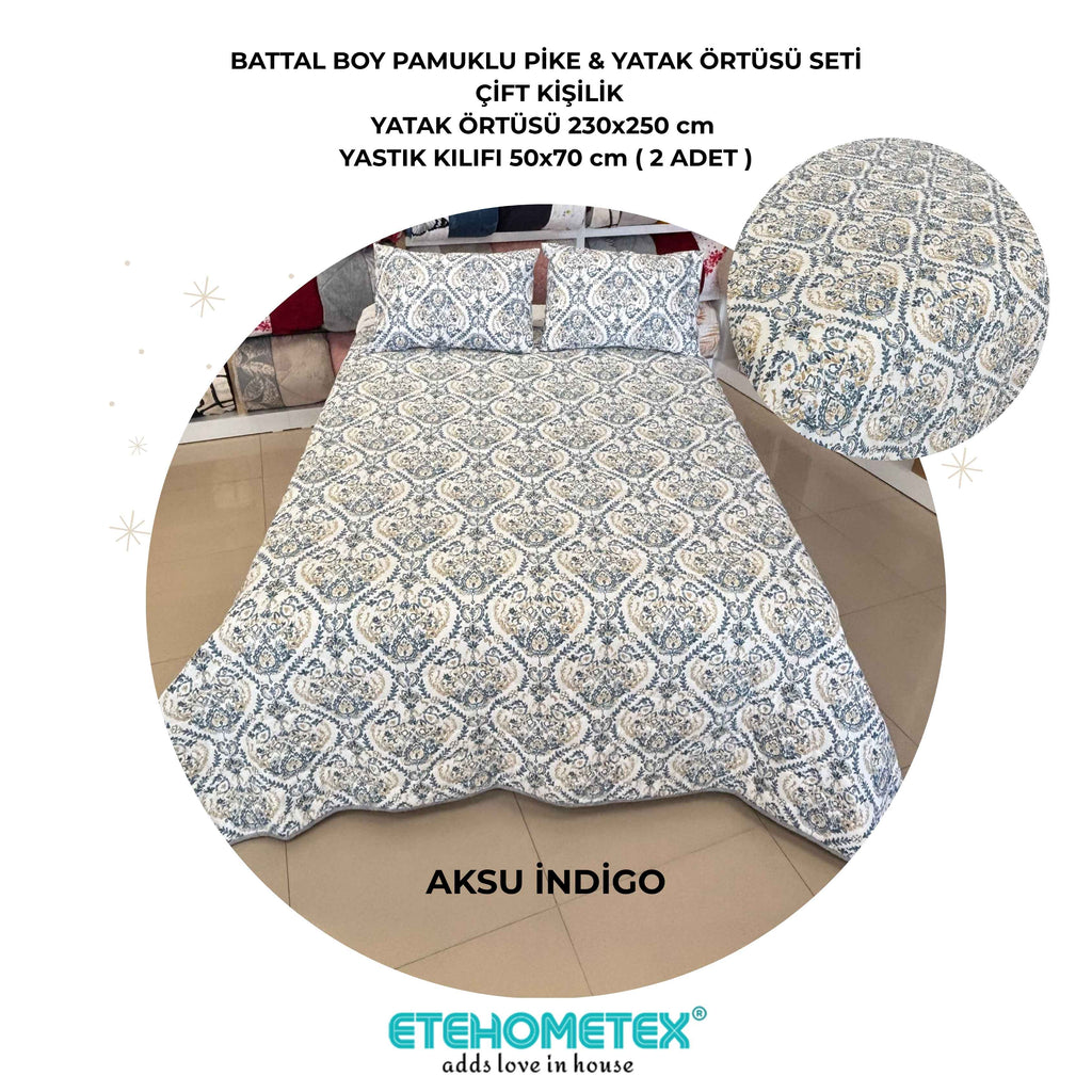 ETEHOMETEX Battal Boy Pamuklu Kapitoneli Yatak Örtüsü Seti AKSU İNDİGO 8696474232096