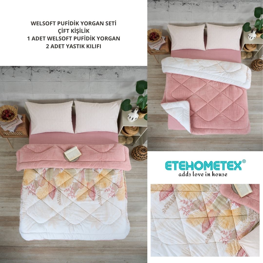 ETE HOMETEX ÇİFT KİŞİLİK LÜX WELSOFT YORGAN SETİ 195X215CM ALENA PUDRA 8696474231939