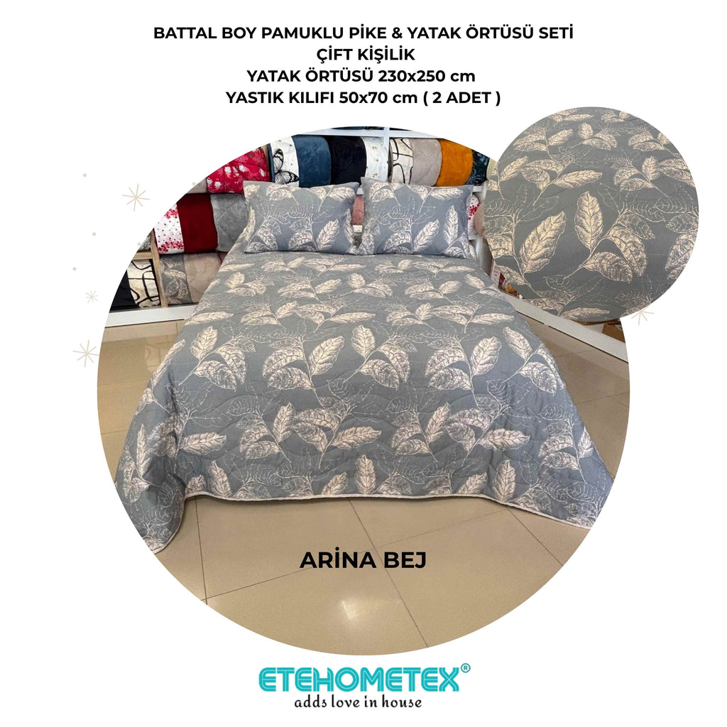 ETEHOMETEX Battal Boy Pamuklu Kapitoneli Yatak Örtüsü Seti ARİNA BEJ 8696474232098