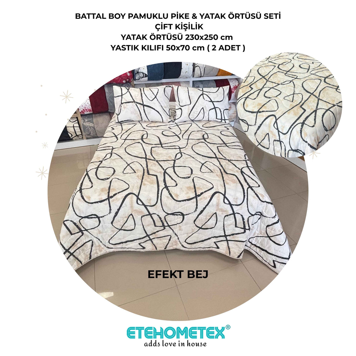 ETEHOMETEX Battal Boy Pamuklu Kapitoneli Yatak Örtüsü Seti EFEKT BEJ 8696474232095