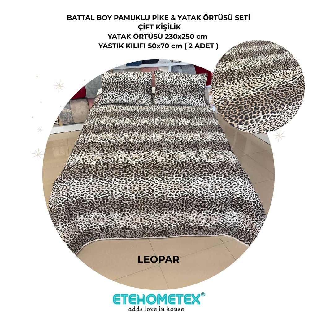 ETEHOMETEX Battal Boy Pamuklu Kapitoneli Yatak Örtüsü Seti LEOPAR 8696474232094