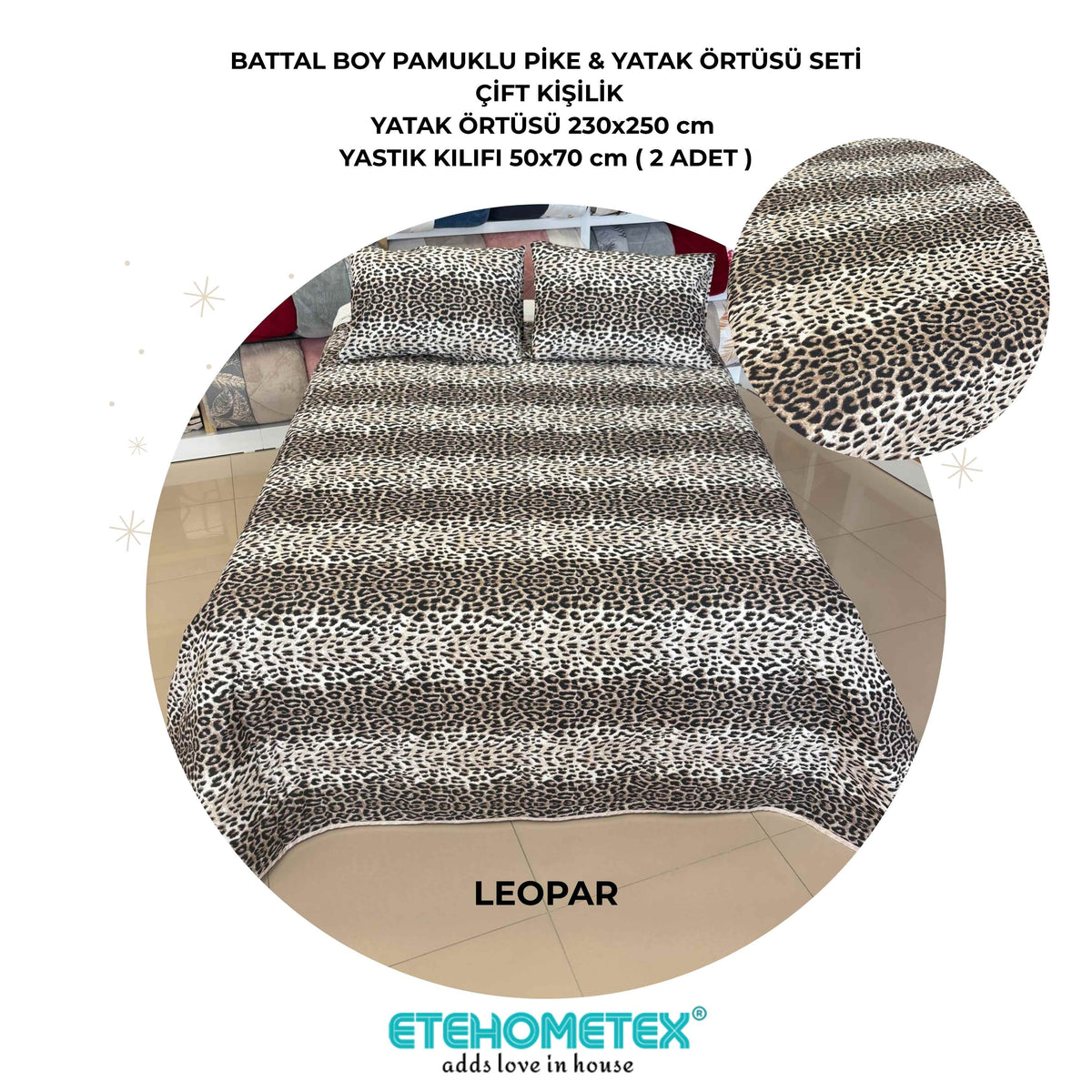 ETEHOMETEX Battal Boy Pamuklu Kapitoneli Yatak Örtüsü Seti LEOPAR 8696474232094