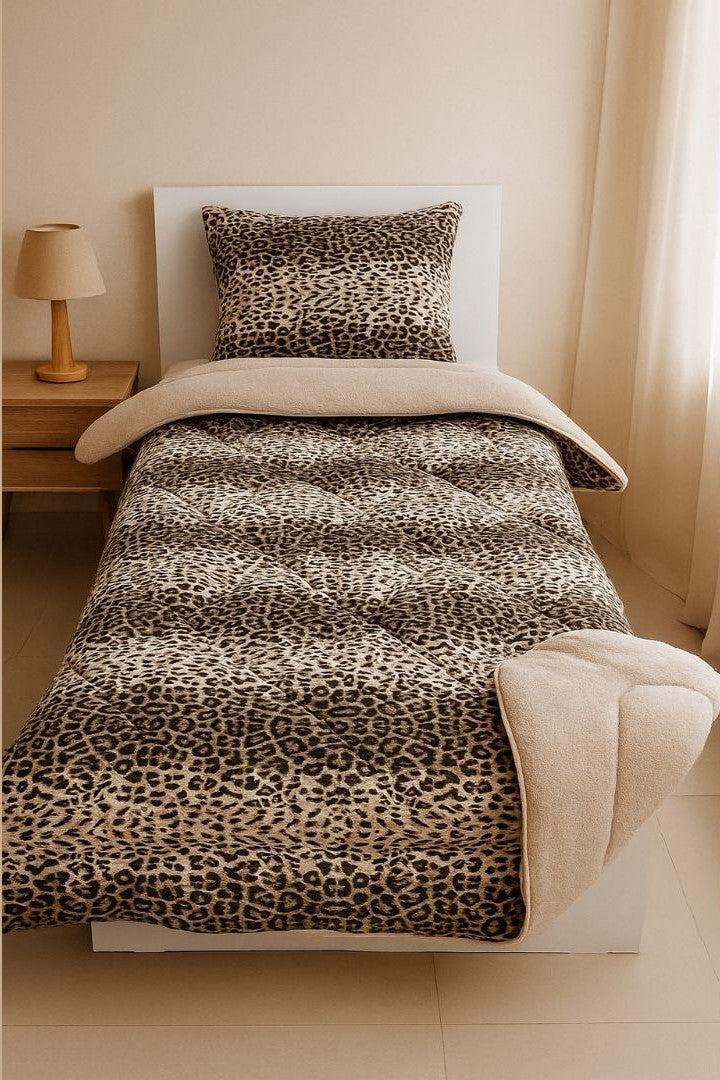 ETE HOMETEX TEK KİŞİLİK LÜX WELSOFT YORGAN SETİ LEOPAR BEJ 155X215CM 8696474231961