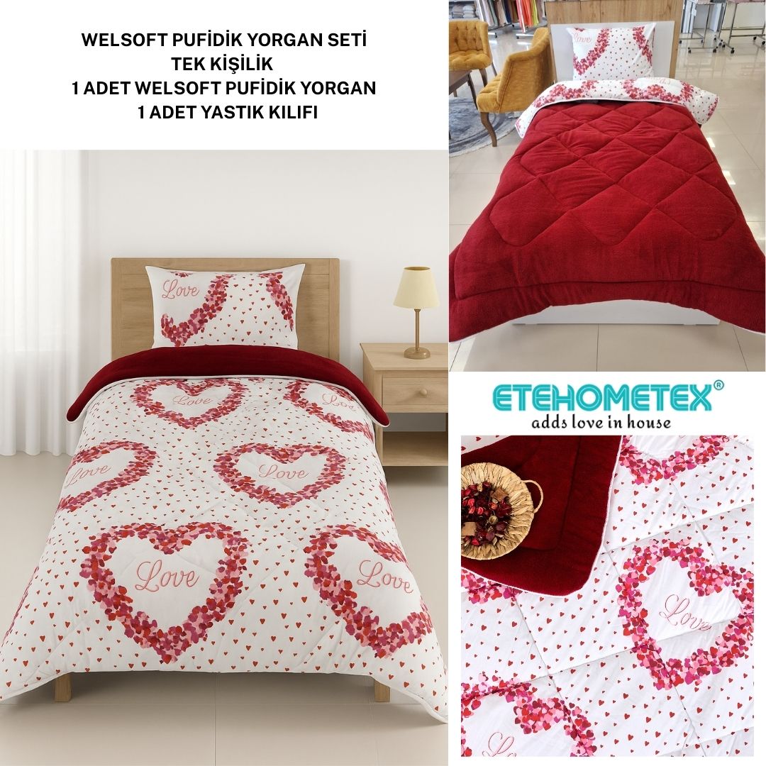 ETE HOMETEX TEK KİŞİLİK LÜX WELSOFT YORGAN SETİ LOVE BORDO 155X215CM 8696474231966