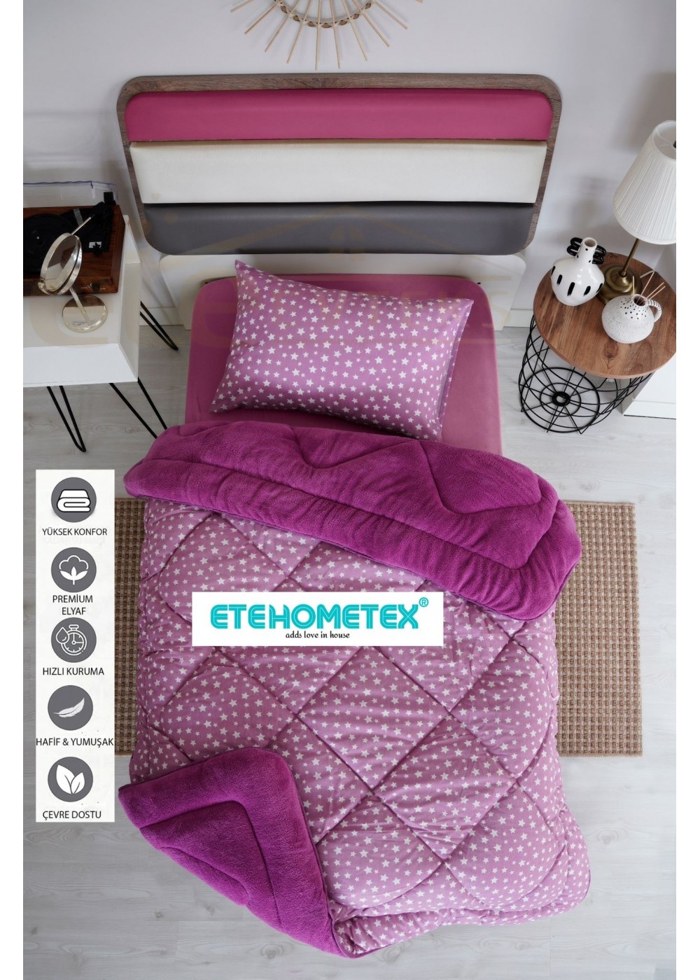 ETE HOMETEX TEK KİŞİLİK WELSOFT YORGAN 155X215CM YILDIZ DESEN MÜRDÜM 8696474231665 ETE HOMETEX TEK KİŞİLİK WELSOFT YORGAN 155X215CM YILDIZ DESEN MÜRDÜM 8696474231665