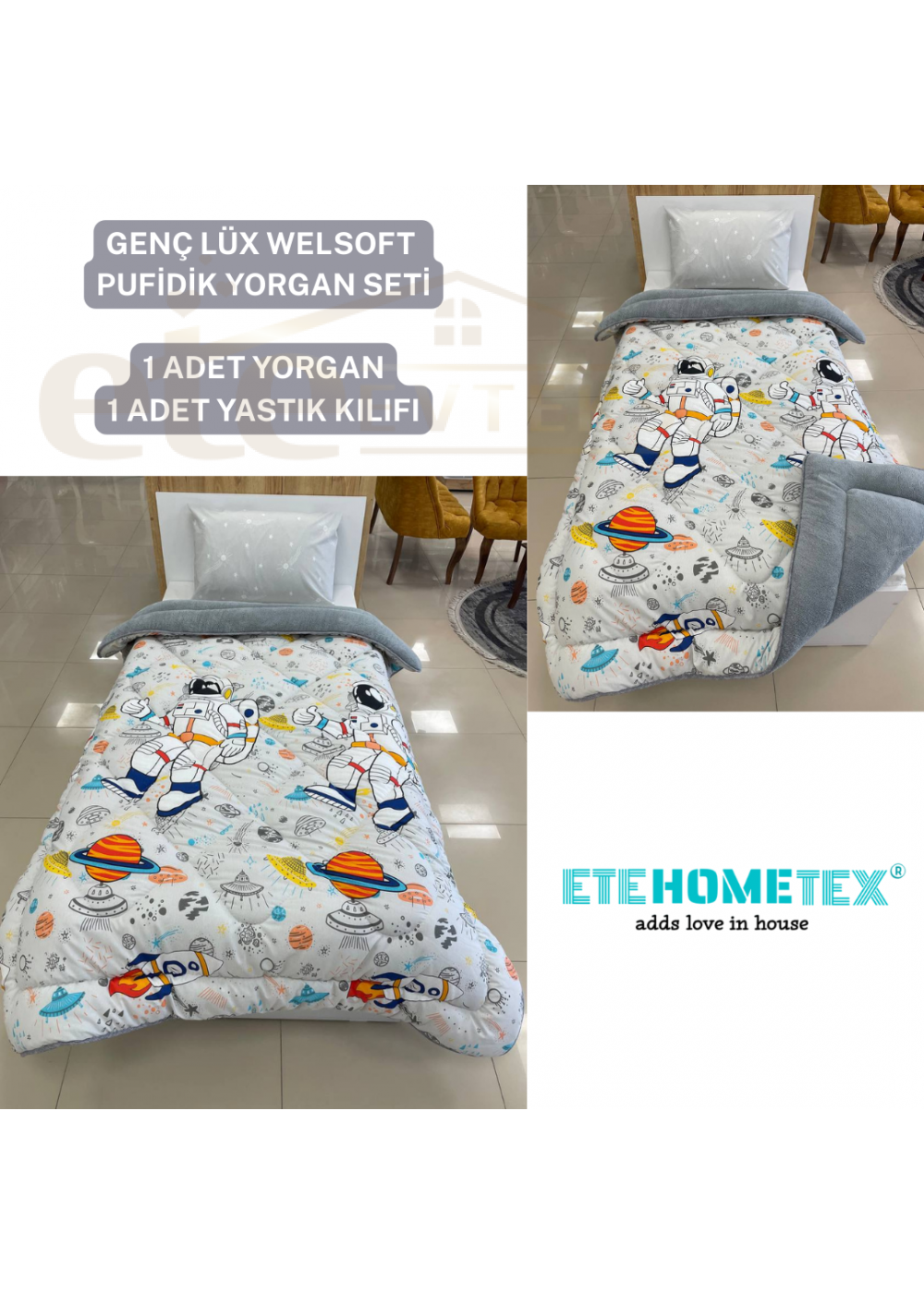 ETE HOMETEX TEK KİŞİLİK LÜX WELSOFT YORGAN ASTRONOT GRİ 155X215CM 8696474231857 ETE HOMETEX TEK KİŞİLİK LÜX WELSOFT YORGAN ASTRONOT GRİ 155X215CM 8696474231857
